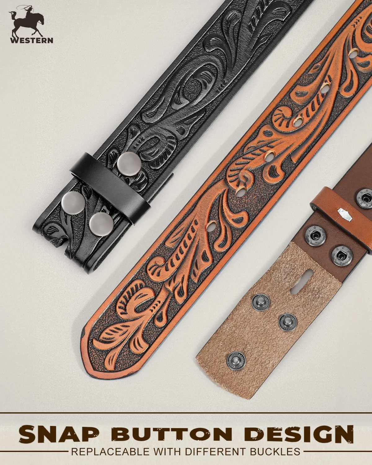 2 Pack Western Leather Belt Strap for Men Women Cowboy Cowgirl Leather Mens Belts for Jeans Gift Belt without Buckle