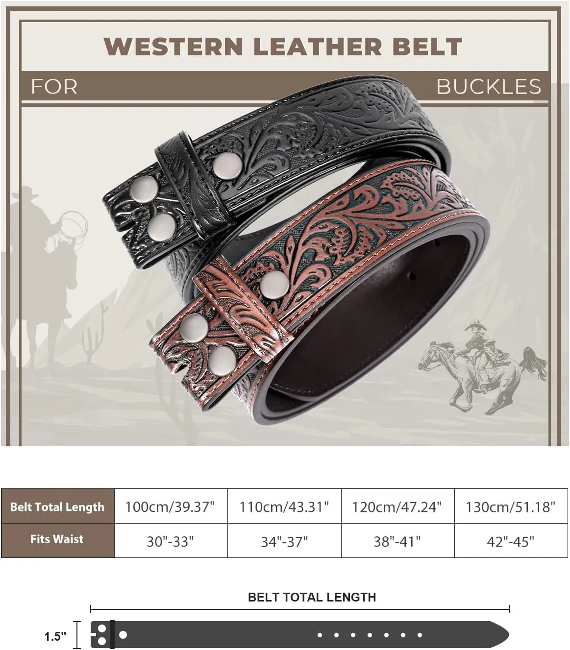 2 Pack Western Leather Belt Strap for Men Women Cowboy Cowgirl Leather Mens Belts for Jeans Gift Belt without Buckle