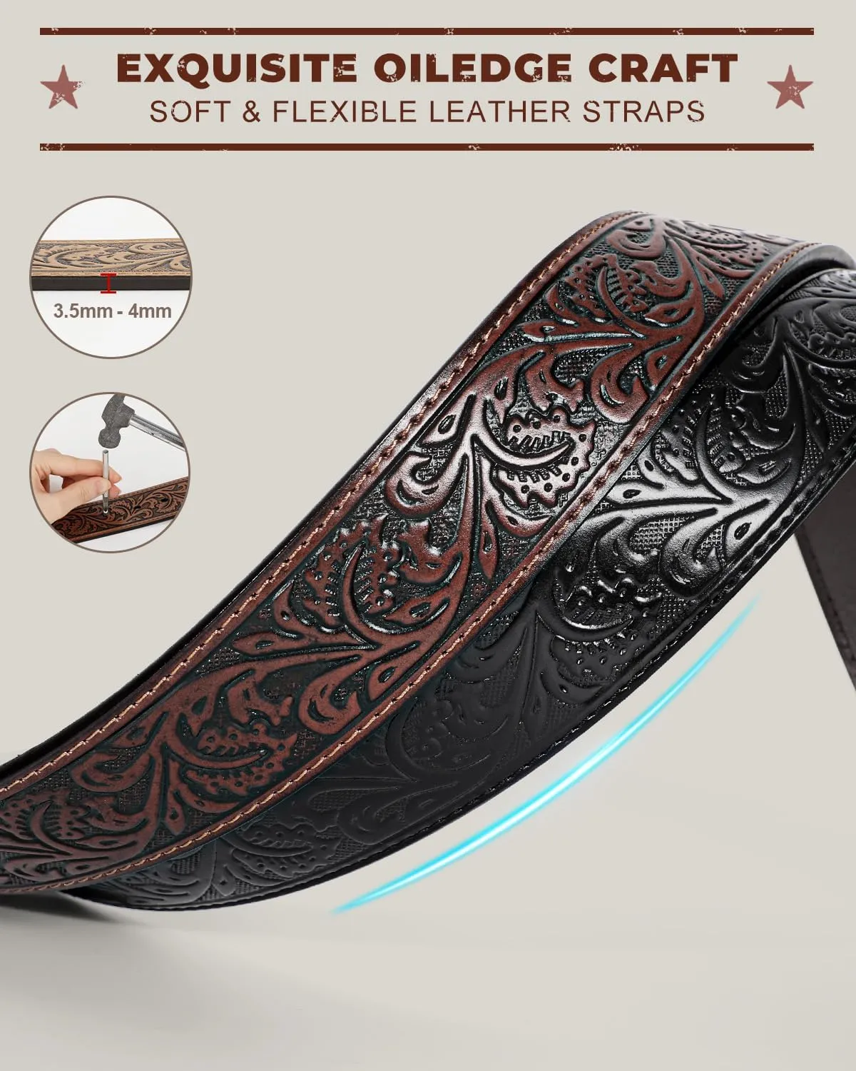 2 Pack Western Leather Belt Strap for Men Women Cowboy Cowgirl Leather Mens Belts for Jeans Gift Belt without Buckle