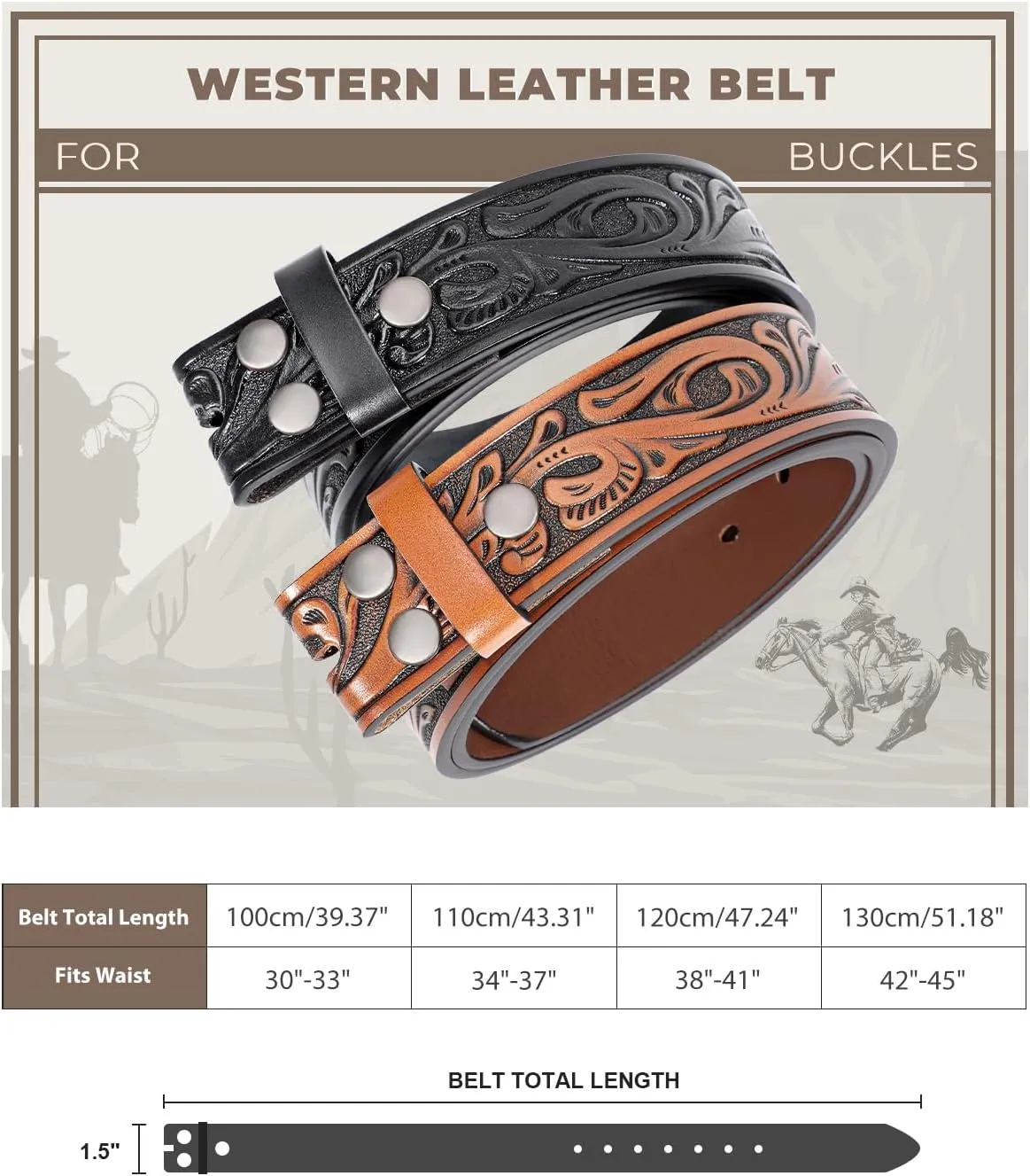 2 Pack Western Leather Belt Strap for Men Women Cowboy Cowgirl Leather Mens Belts for Jeans Gift Belt without Buckle