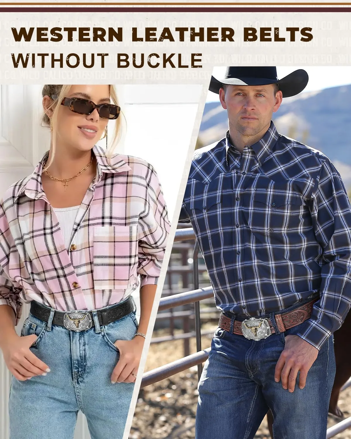 2 Pack Western Leather Belt Strap for Men Women Cowboy Cowgirl Leather Mens Belts for Jeans Gift Belt without Buckle