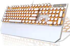 Camiysn Typewriter Style Mechanical Keyboard, Retro Punk Gaming Keyboard with Gold LED Backlit, Cute Wired Keyboard,104 Keys Full Size Keyboard, Uique Round Keycaps for Windows/Mac/PC(White&Gold)