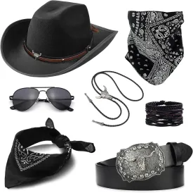 EIELO Cowboy Costume Outfit for Men Women Western Cowboy Hat Bolo Tie Buckle Belt Accessories Set for Halloween Cosplay Party