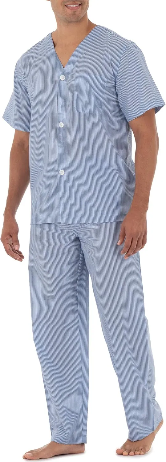 Fruit of the Loom mens Broadcloth Short Sleeve Top and Long Pants Pajama Set