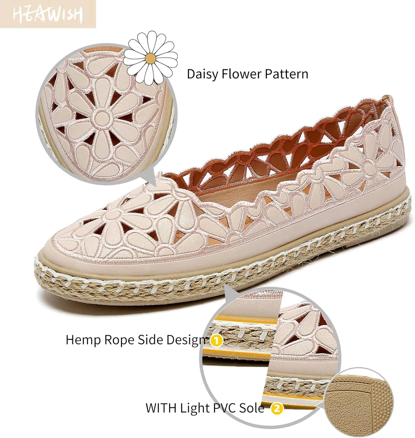 HEAWISH Women??s Ballet Flat Daisy Round Toe Dress Shoes Casual Slip On Rope Loafer