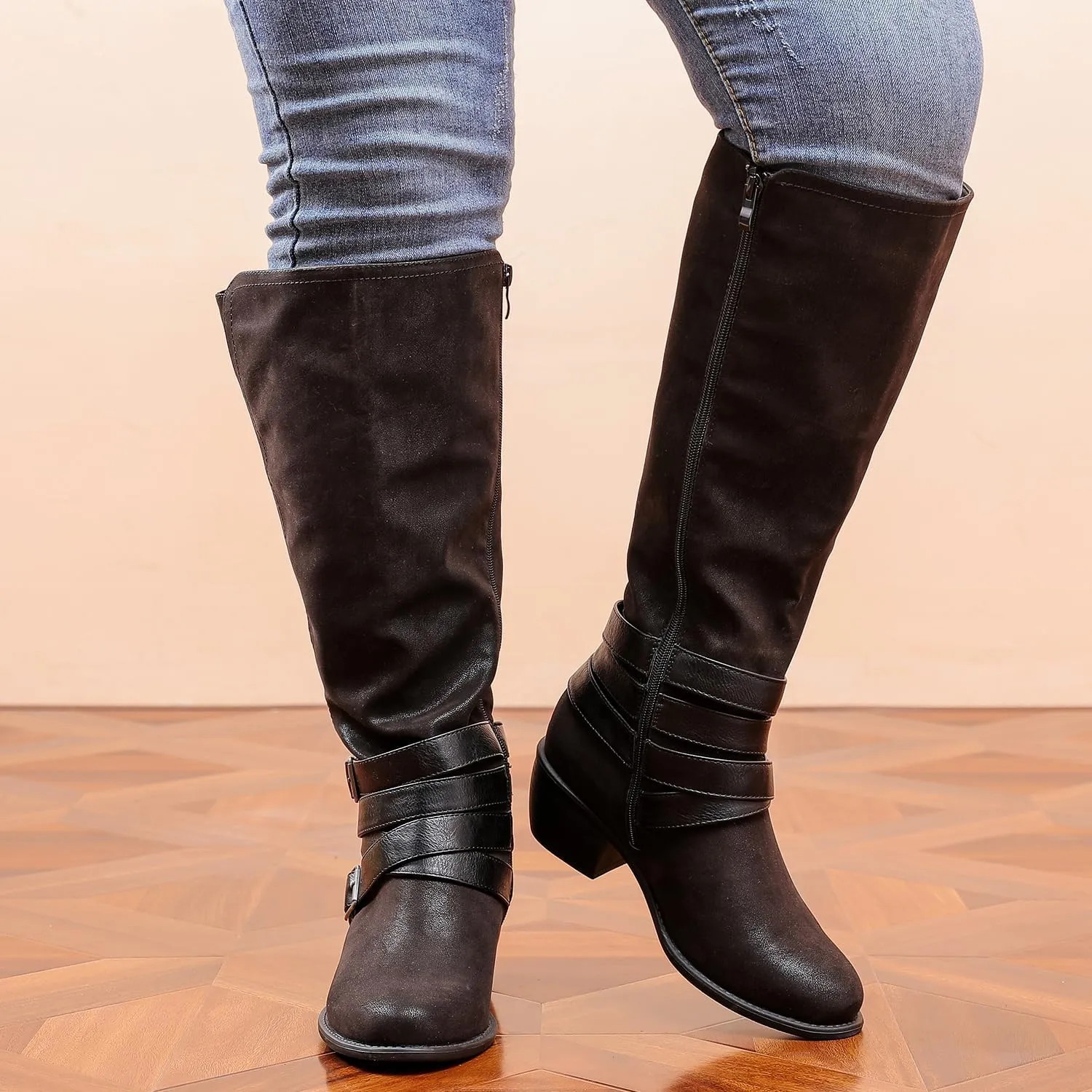 Luoika Women's Extra Wide Calf Slouchy Knee High Boots, Wide Width Knee-High Boots Low Stacked Heel Side Zipper Winter Fall Tall Boots.