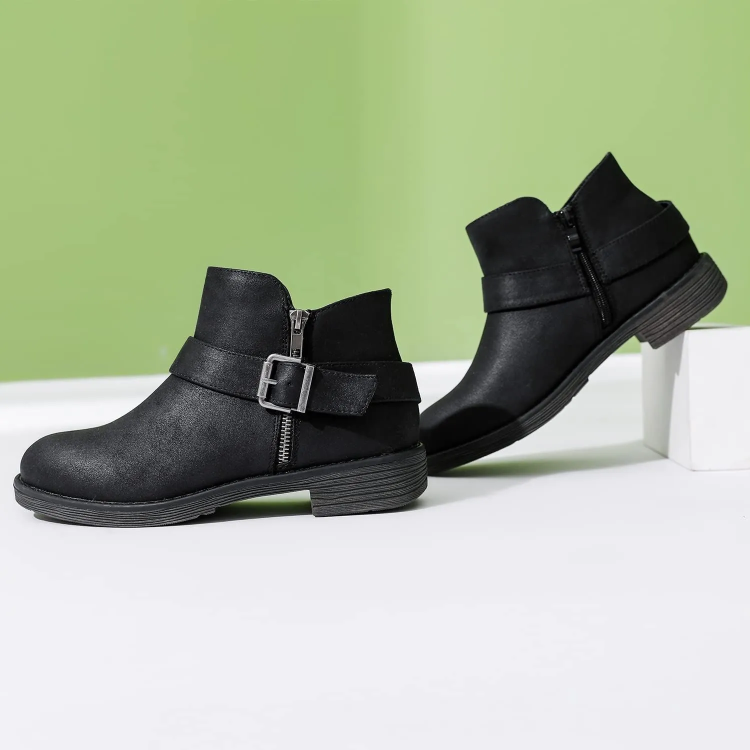 Luoika Women's Wide Width Ankle Boots - Black Brown Short Boots Block Low Heel Side Zipper Booties.