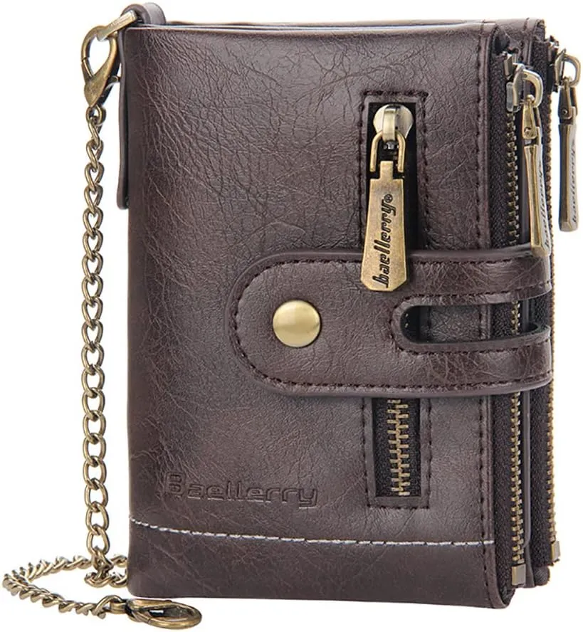 Mens Wallet with Chain PU Faux Leather Bifold Wallet for Men Double Zipper Coin Pocket Purse Double Anti-Theft (Gift Box