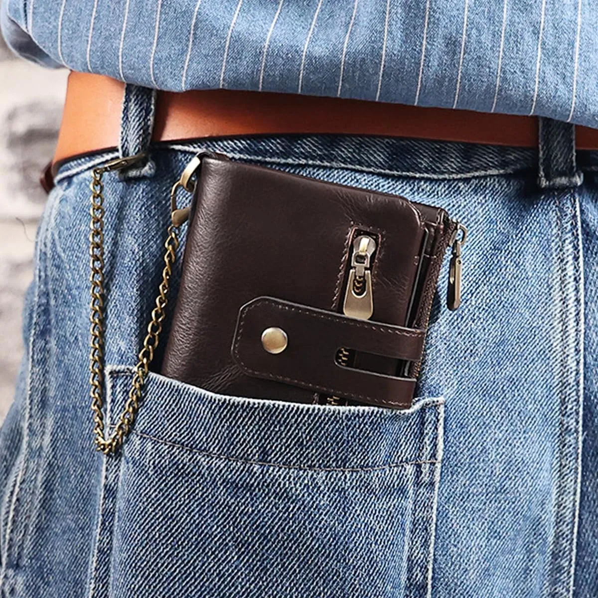 Mens Wallet with Chain PU Faux Leather Bifold Wallet for Men Double Zipper Coin Pocket Purse Double Anti-Theft (Gift Box