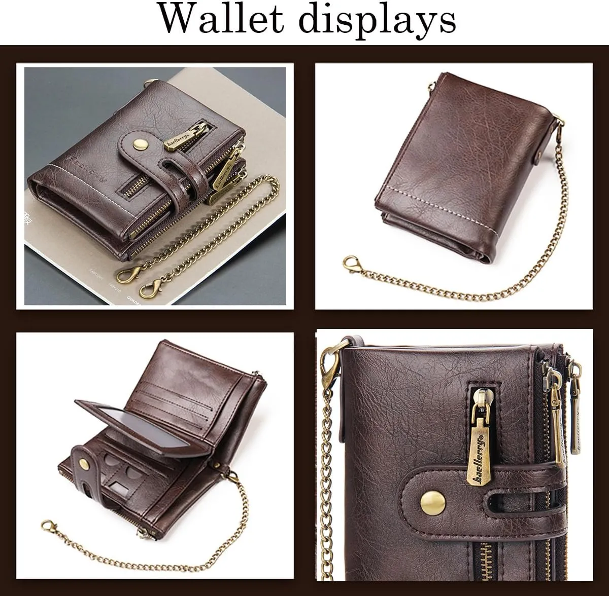 Mens Wallet with Chain PU Faux Leather Bifold Wallet for Men Double Zipper Coin Pocket Purse Double Anti-Theft (Gift Box