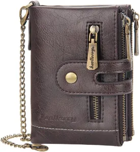 Mens Wallet with Chain PU Faux Leather Bifold Wallet for Men Double Zipper Coin Pocket Purse Double Anti-Theft (Gift Box