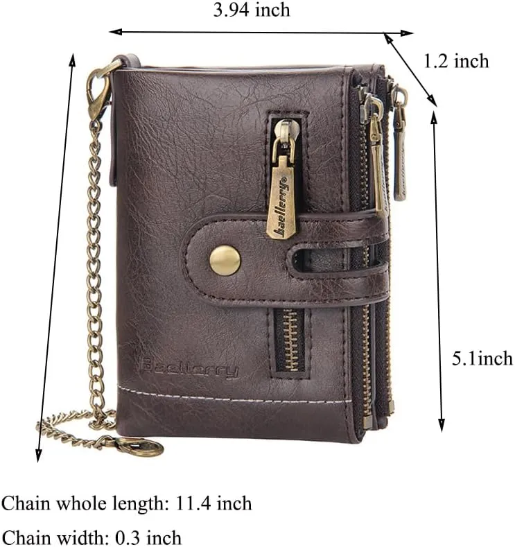 Mens Wallet with Chain PU Faux Leather Bifold Wallet for Men Double Zipper Coin Pocket Purse Double Anti-Theft (Gift Box