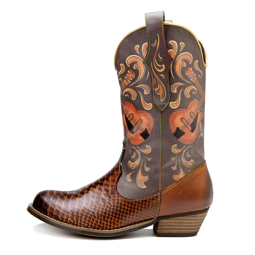 Pointy Leather Mid-Calf Country Western Boots