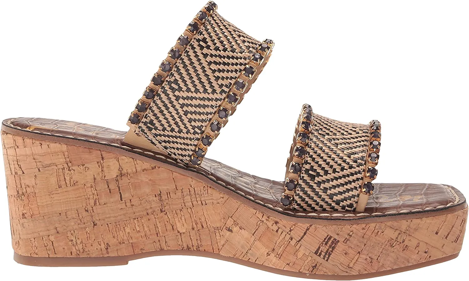 Sam Edelman Natural/Black Double Strap Slip On Open Toe Wedges Sandals