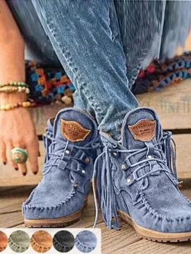 Women Western Ankle Boots Ladies Suede Shoes Tassel Boots
