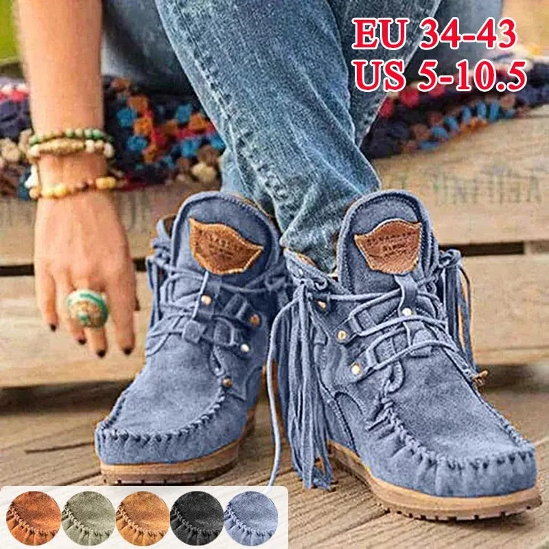 Women Western Ankle Boots Ladies Suede Shoes Tassel Boots