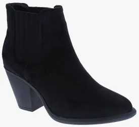 Womens Ankle Boots Slip on Pointed Toe Chunky Block Mid Heel Elastic Panel Casual Chelsea Western Booties