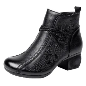 Women's Casual Leather Zipper Ankle Boots Flower Print Low Block Heel