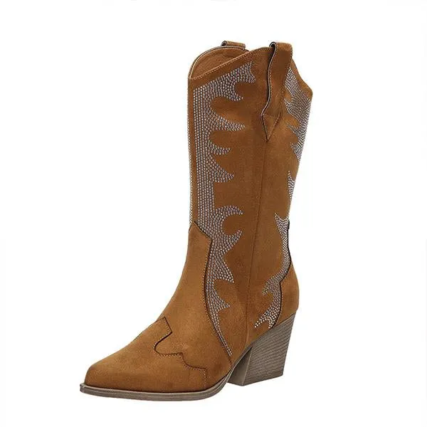 Women's Retro Rhinestone Block Heel Western Boots 35083093S