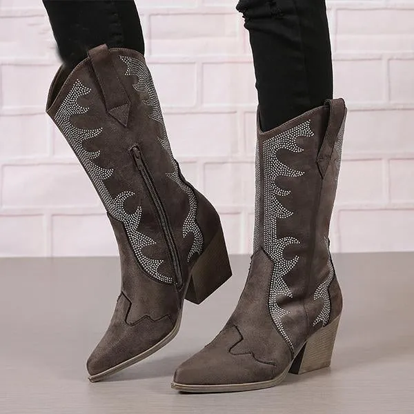 Women's Retro Rhinestone Block Heel Western Boots 35083093S