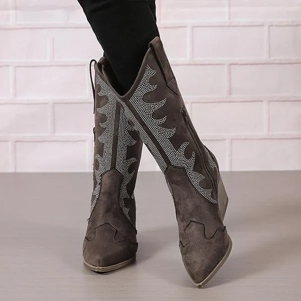 Women's Retro Rhinestone Block Heel Western Boots 35083093S