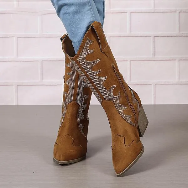Women's Retro Rhinestone Block Heel Western Boots 35083093S