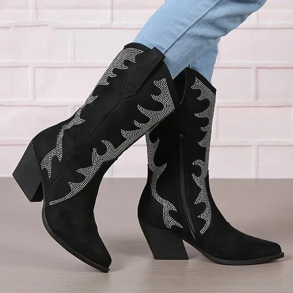 Women's Retro Rhinestone Block Heel Western Boots 35083093S