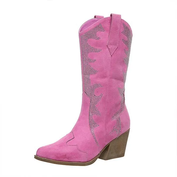 Women's Retro Rhinestone Block Heel Western Boots 35083093S