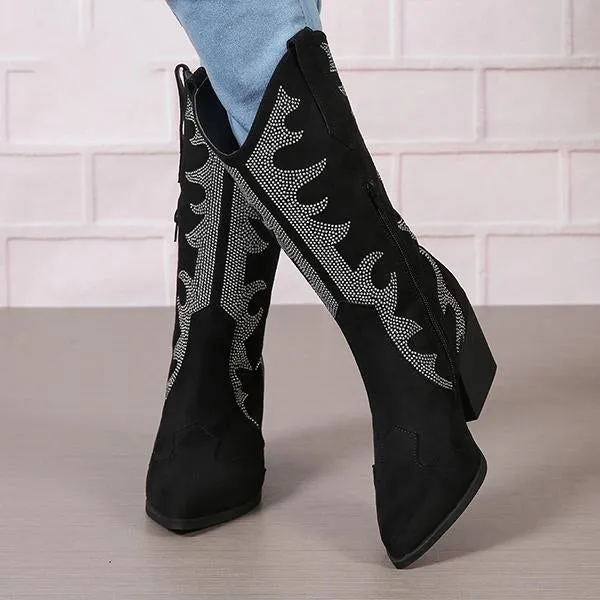 Women's Retro Rhinestone Block Heel Western Boots 35083093S