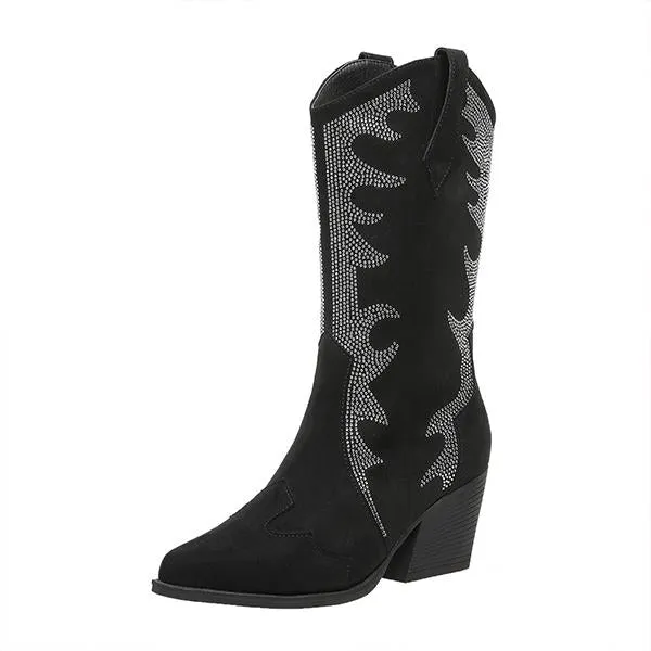 Women's Retro Rhinestone Block Heel Western Boots 35083093S