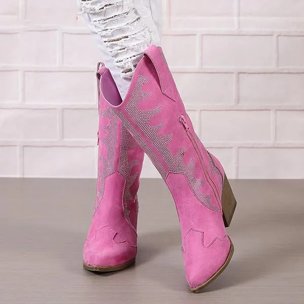 Women's Retro Rhinestone Block Heel Western Boots 35083093S