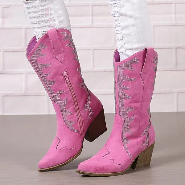 Women's Retro Rhinestone Block Heel Western Boots 35083093S