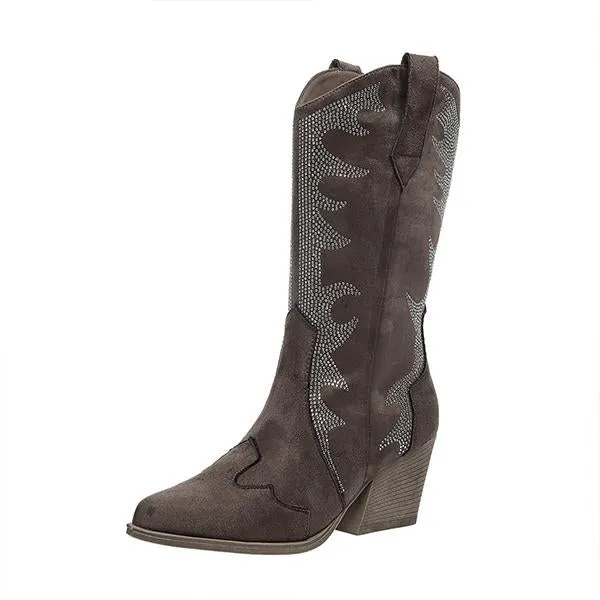 Women's Retro Rhinestone Block Heel Western Boots 35083093S