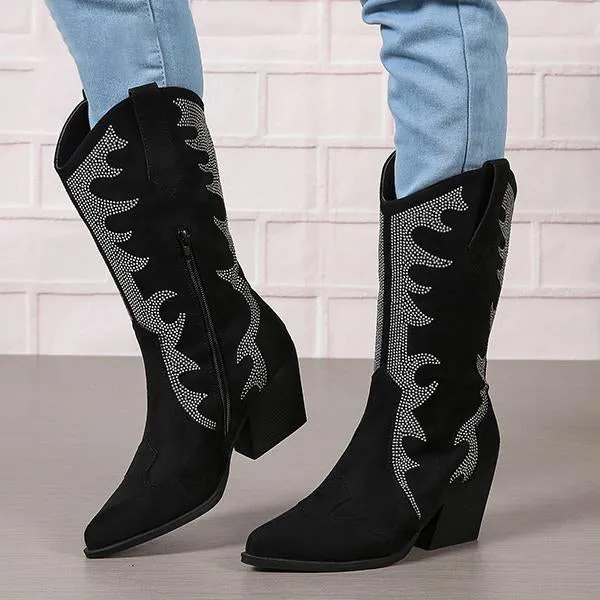 Women's Retro Rhinestone Block Heel Western Boots 35083093S