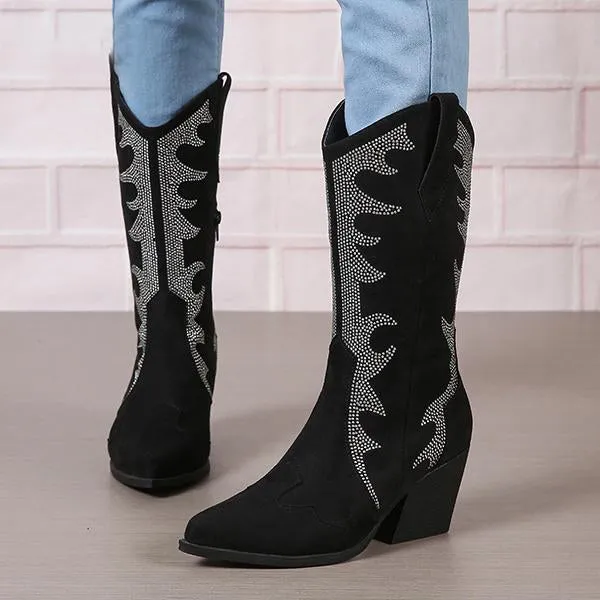 Women's Retro Rhinestone Block Heel Western Boots 35083093S