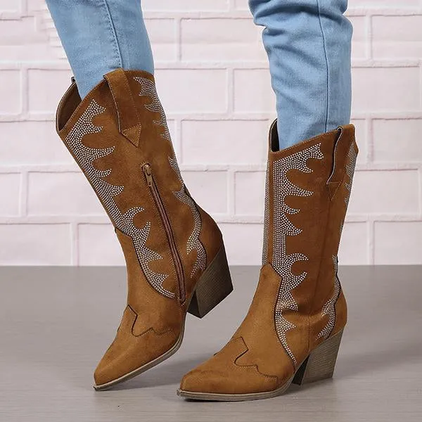 Women's Retro Rhinestone Block Heel Western Boots 35083093S